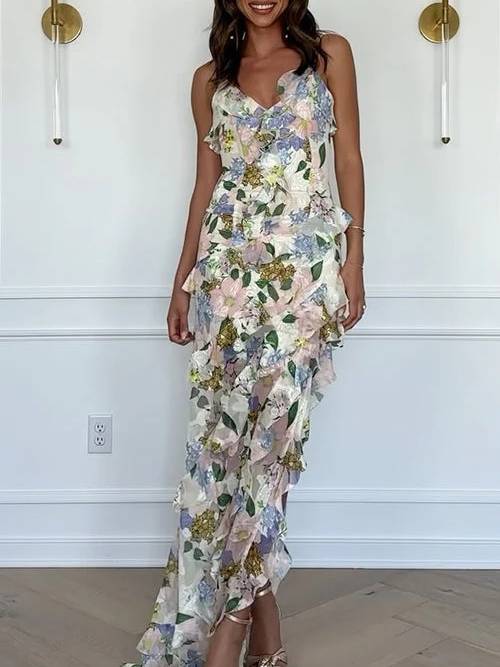 Supeda - Suspender Printed Ruffle Dress
