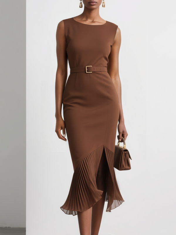 Dorthey - Brown Pleated Midi Dress