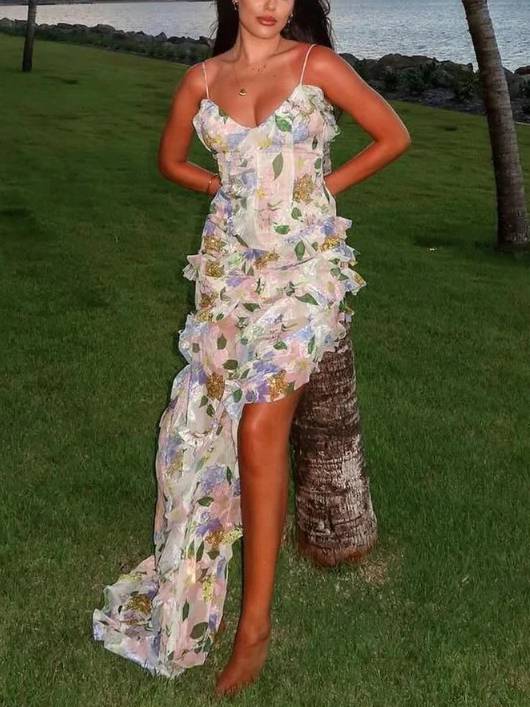 Supeda - Suspender Printed Ruffle Dress