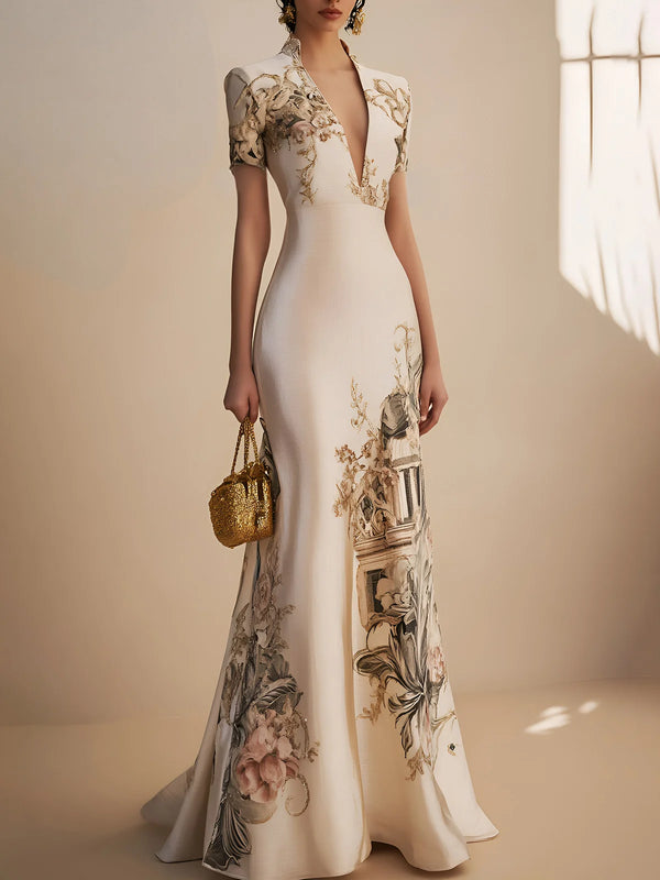 Classic Floral Deep V Neck Short Sleeve Mermaid Gown Dress