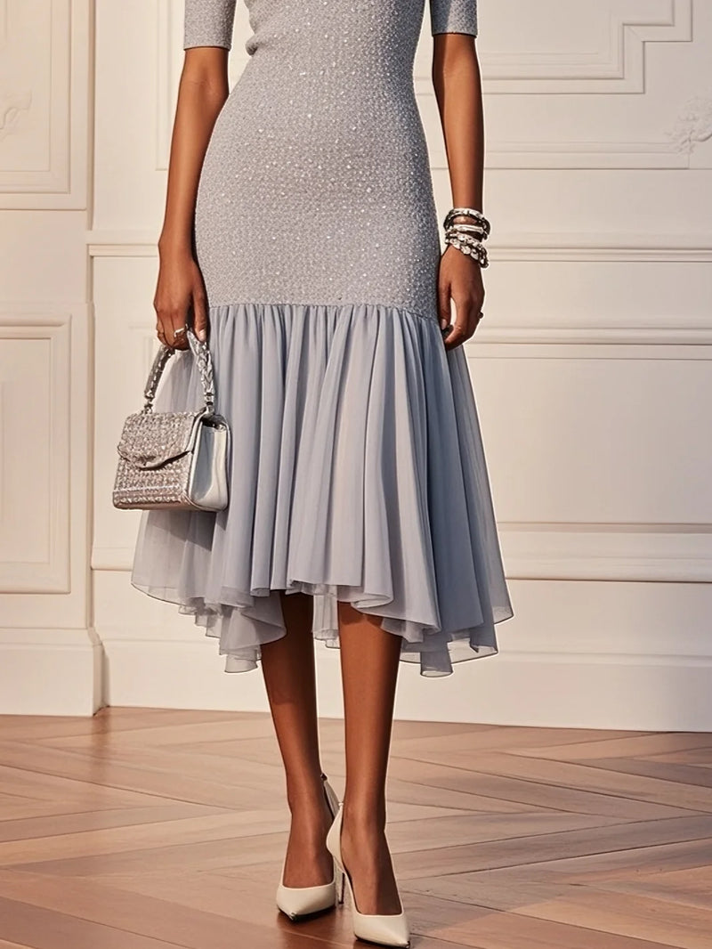 Soria - Gray Asymmetric Midi Dress