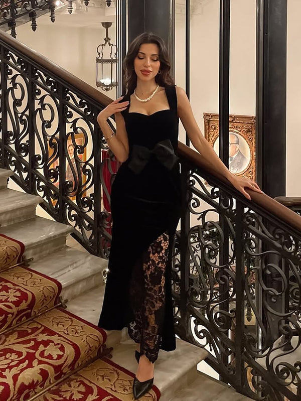 Luandia - Lace Bow Velvet Dress