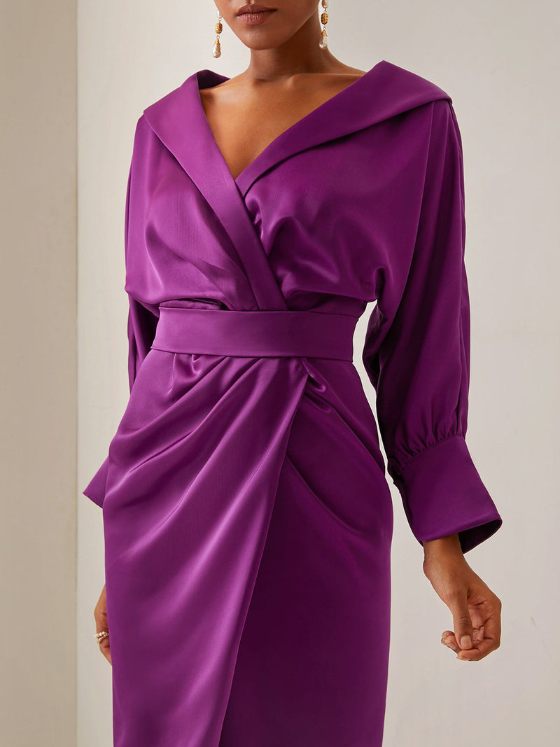 Beltelia - Collared Satin Sheath Dress