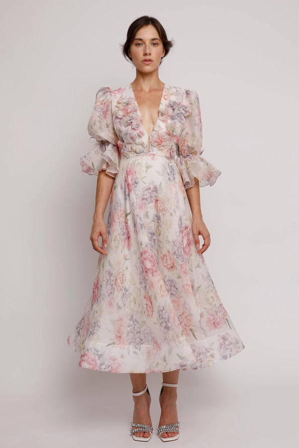 Calista - Floral Lantern Sleeve Dress