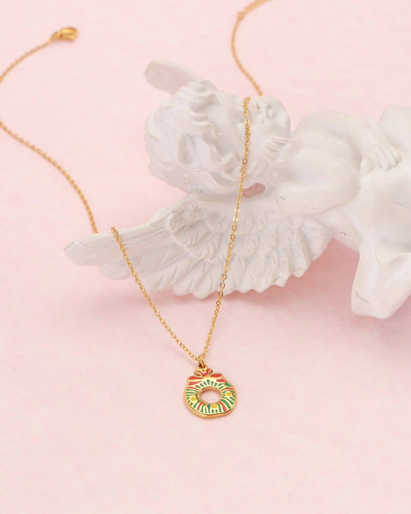 Jolly Gold Christmas Wreath Pendant Necklace