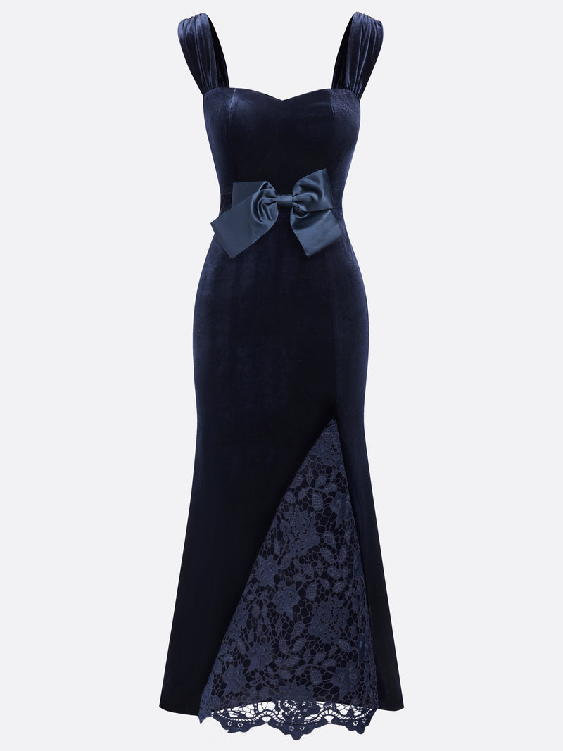 Luandia - Lace Bow Velvet Dress