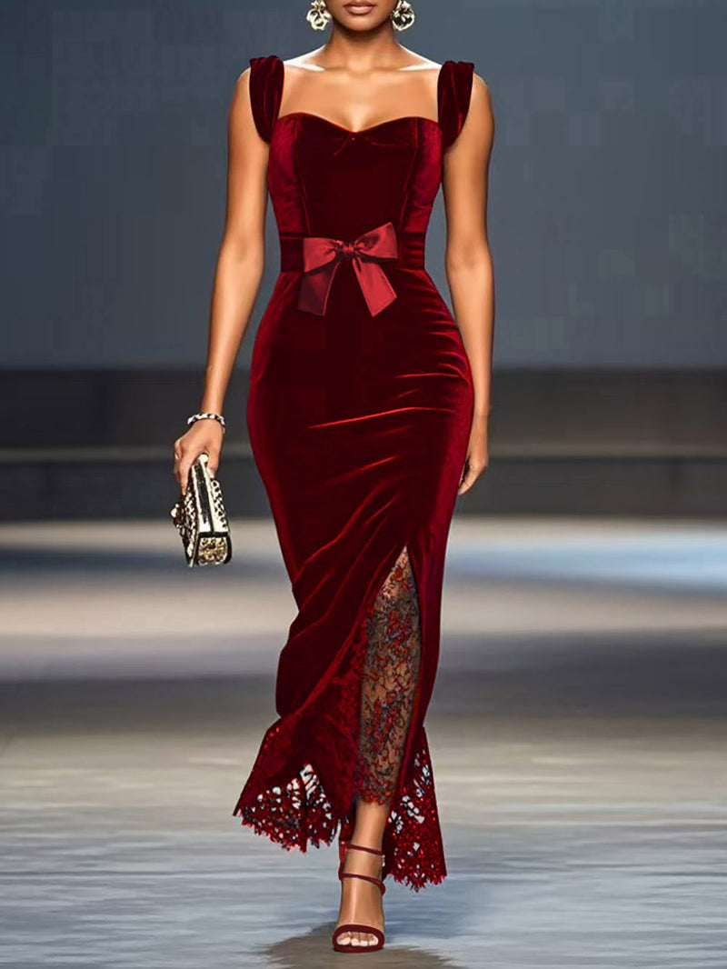 Luandia - Lace Bow Velvet Dress