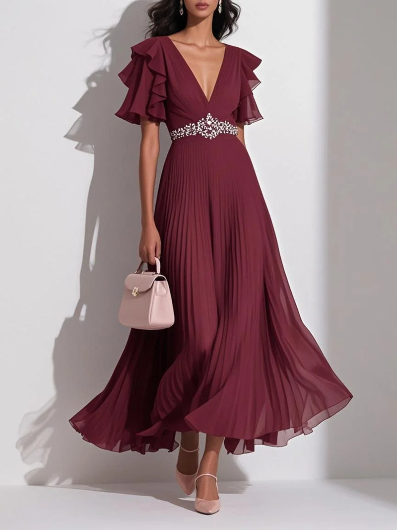 Lettie - Pleated Rhinestone Ruffle Dress