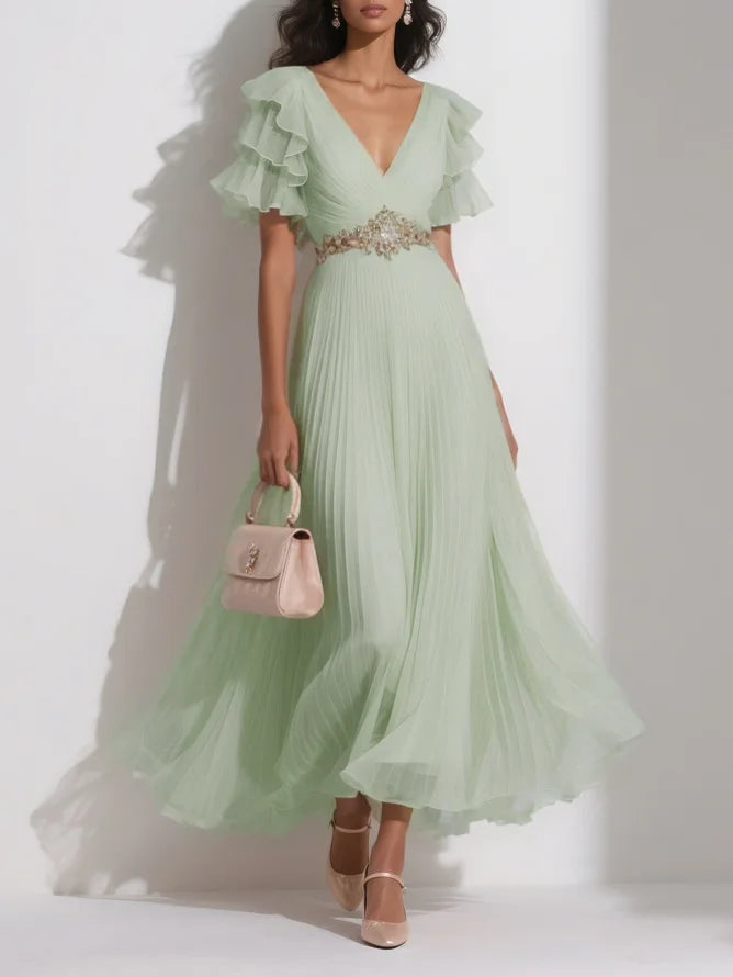 Lettie - Pleated Rhinestone Ruffle Dress