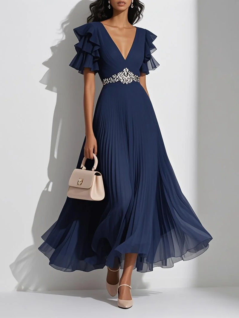 Lettie - Pleated Rhinestone Ruffle Dress
