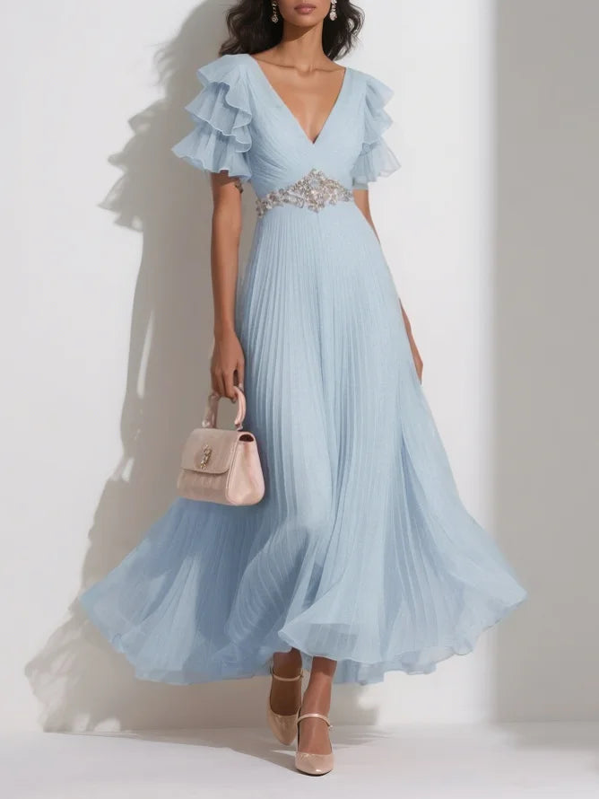 Lettie - Pleated Rhinestone Ruffle Dress