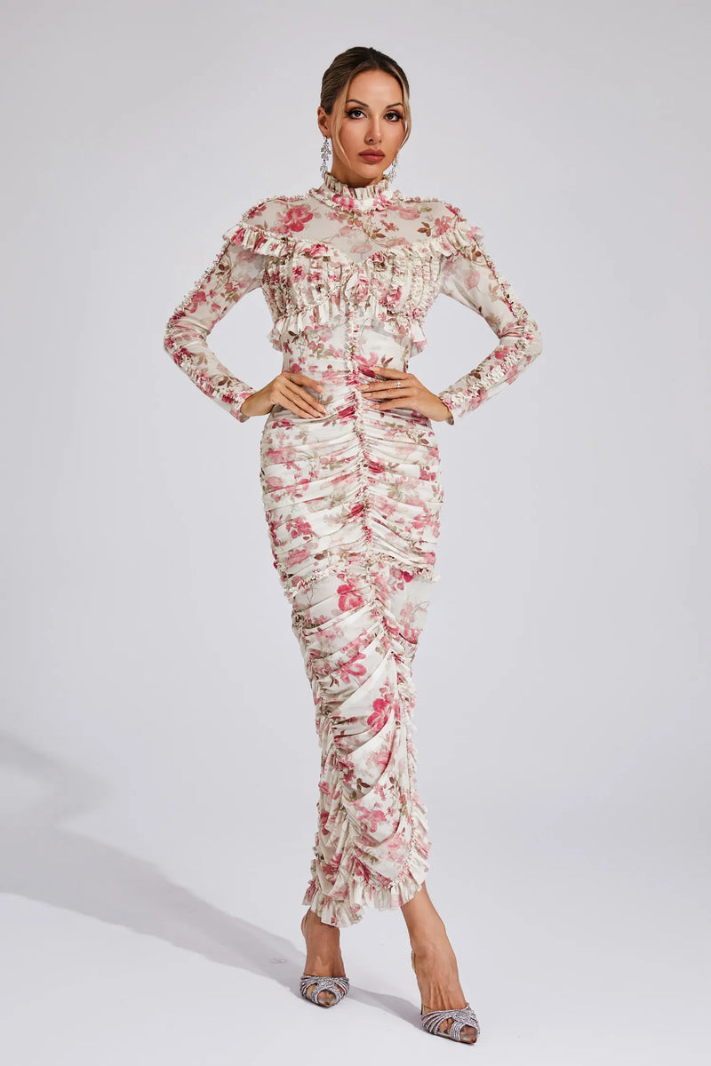 Lunaire - Ruched Floral Long Dress