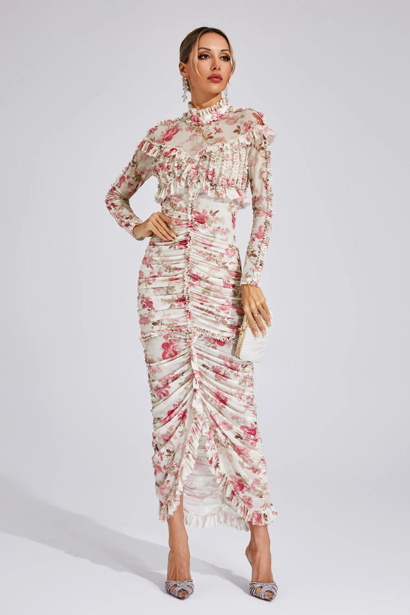 Lunaire - Ruched Floral Long Dress