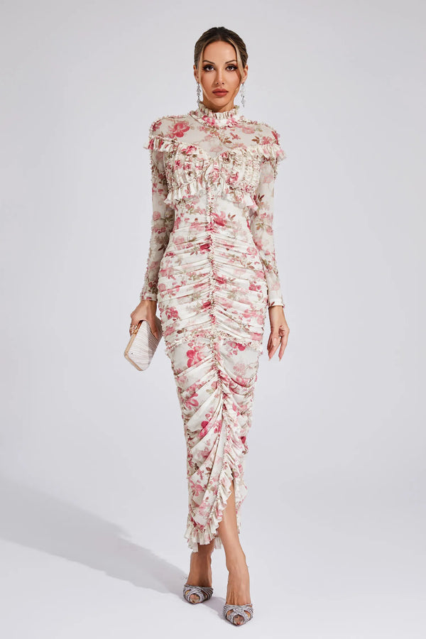 Lunaire - Ruched Floral Long Dress