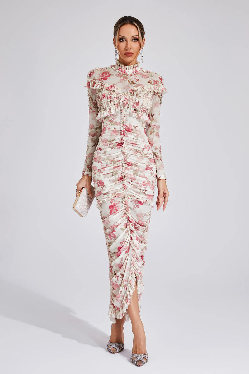 Lunaire - Ruched Floral Long Dress