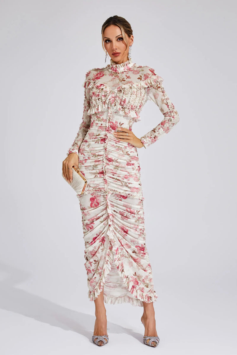 Lunaire - Ruched Floral Long Dress