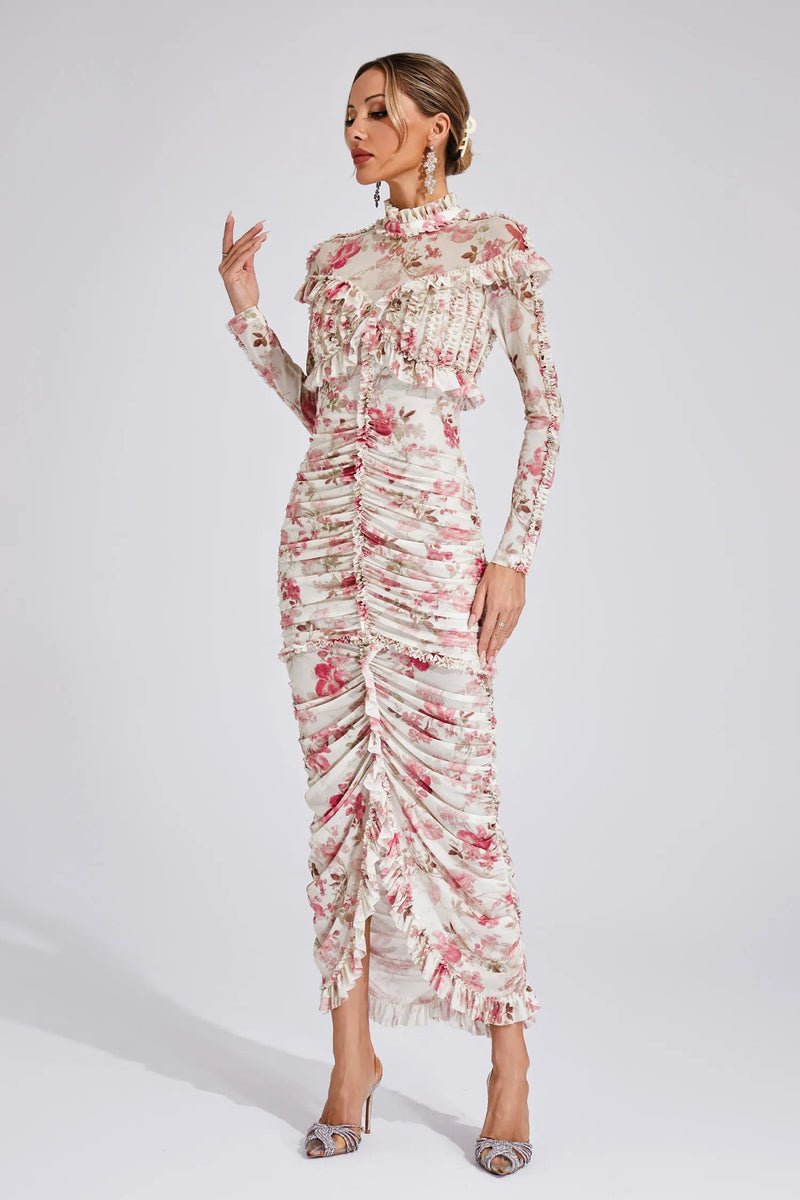 Lunaire - Ruched Floral Long Dress