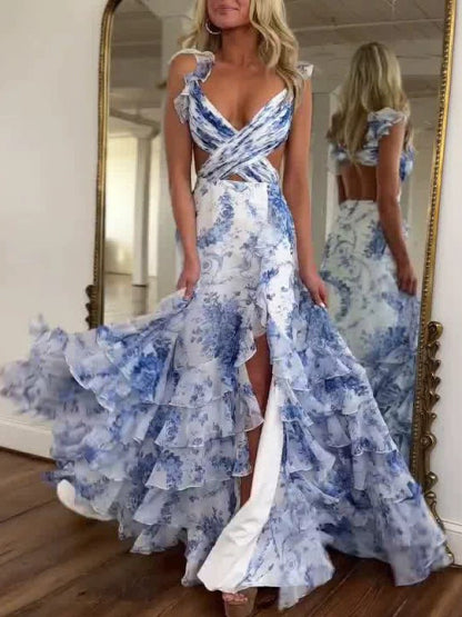 Sophia - Printed V-neck Ruffled Dress