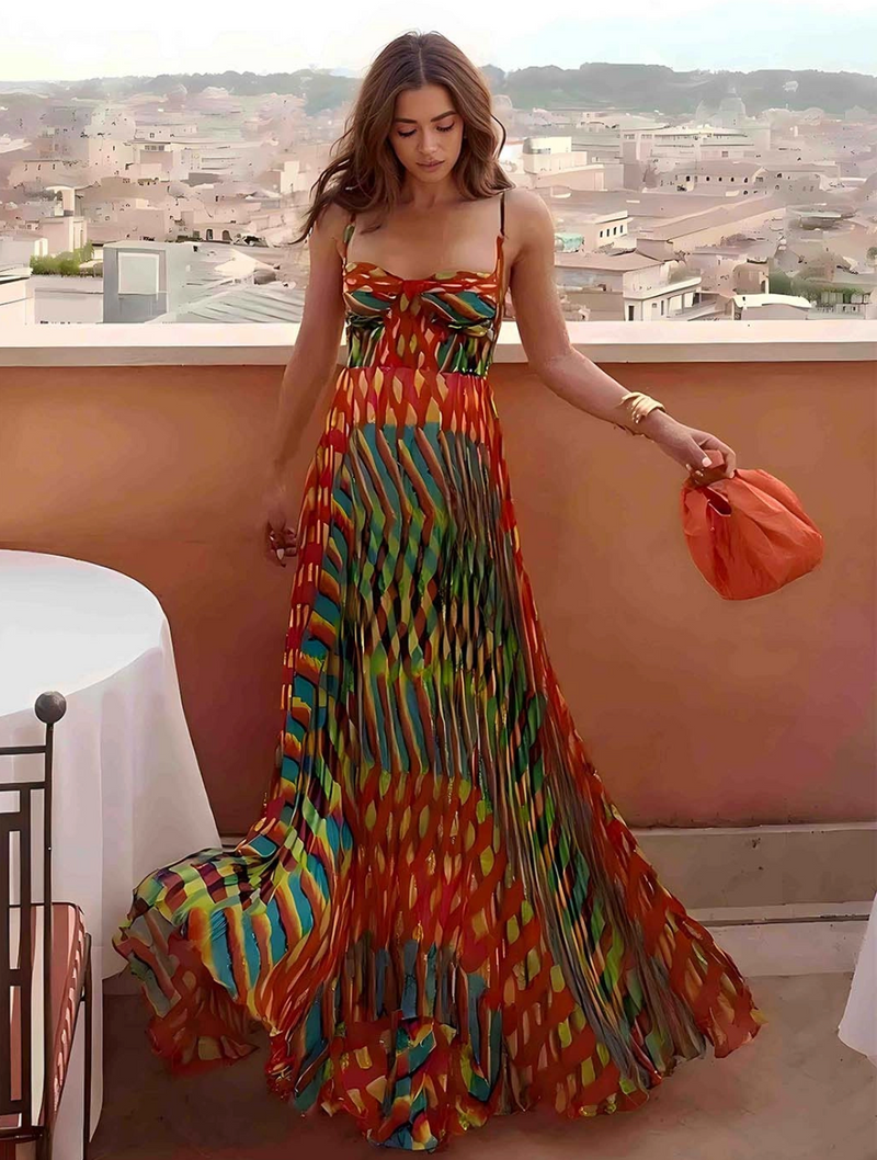 Naiomi - Elegant Painted Print A-Line Maxi Dress