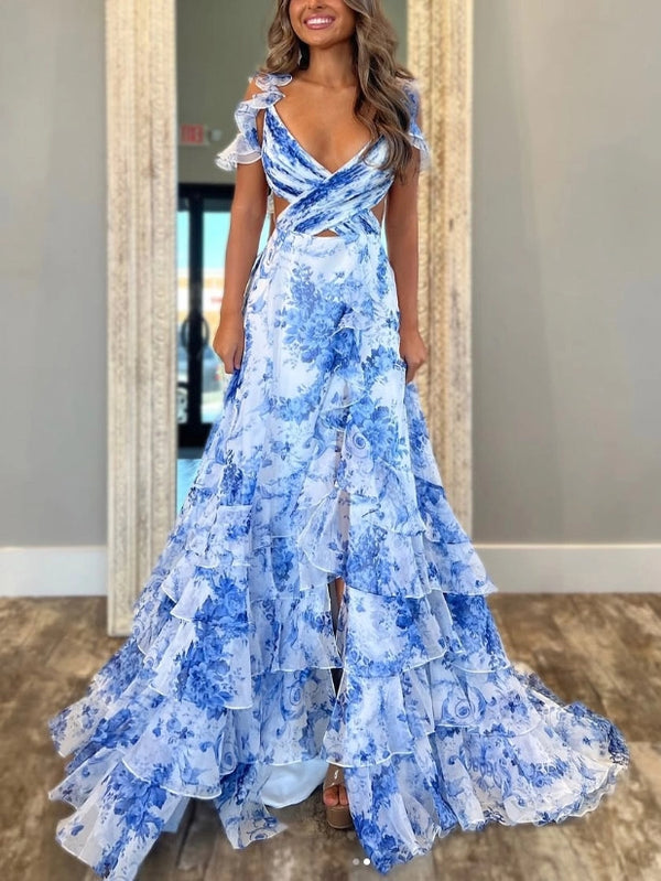 Sophia - Printed V-neck Ruffled Dress