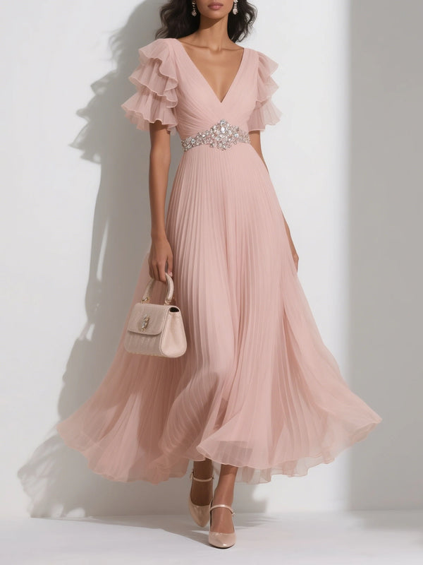 Lettie - Pleated Rhinestone Ruffle Dress