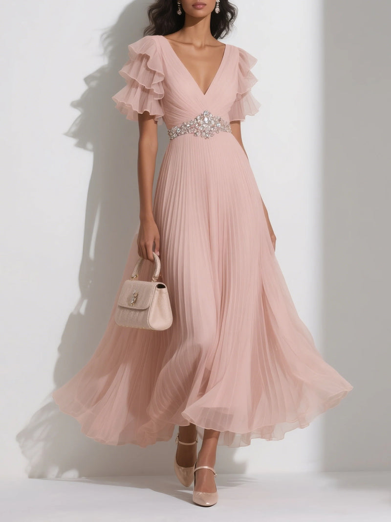 Lettie - Pleated Rhinestone Ruffle Dress