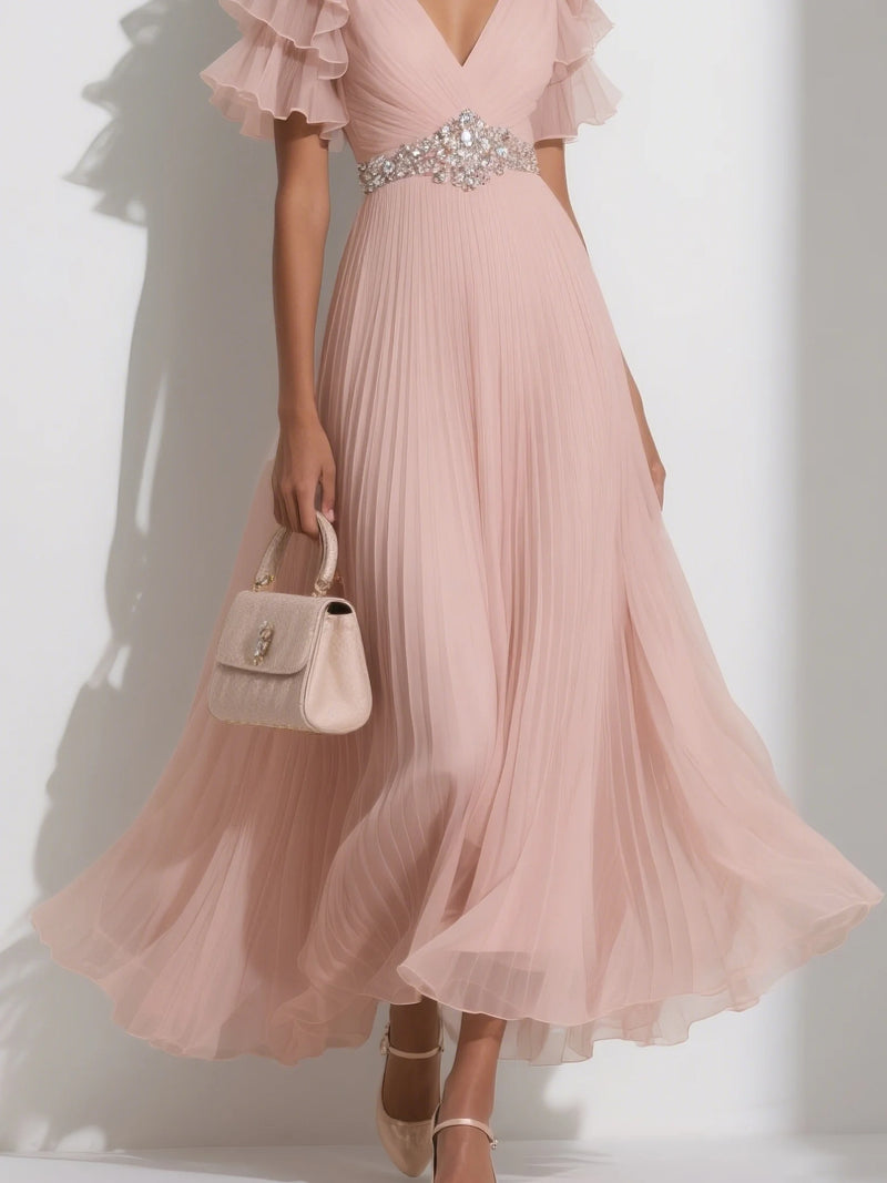 Lettie - Pleated Rhinestone Ruffle Dress