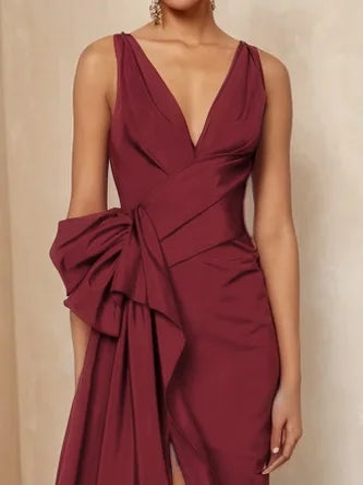 Ruched V Neck Dresses Sleeveless A-Line Gown