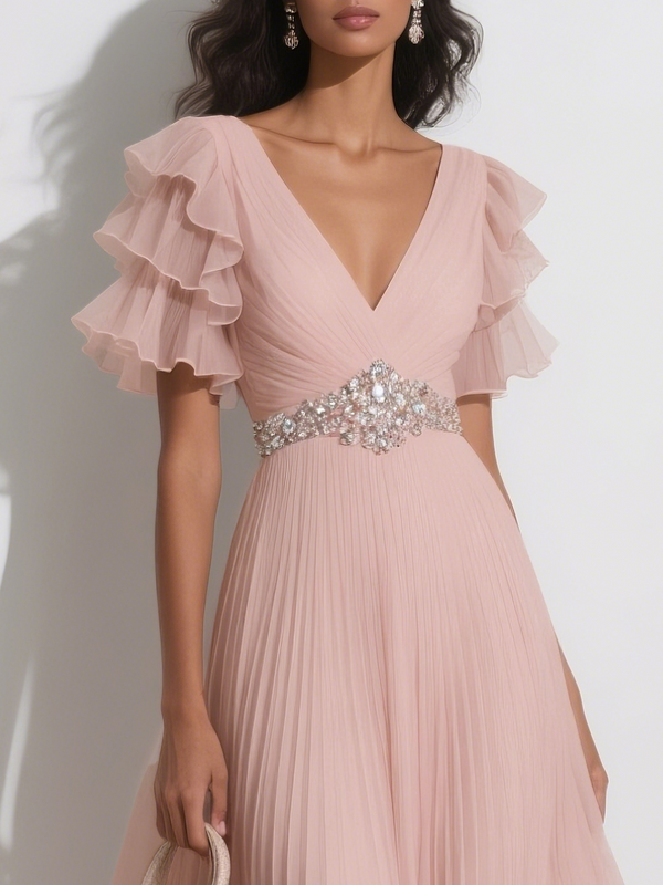 Lettie - Pleated Rhinestone Ruffle Dress