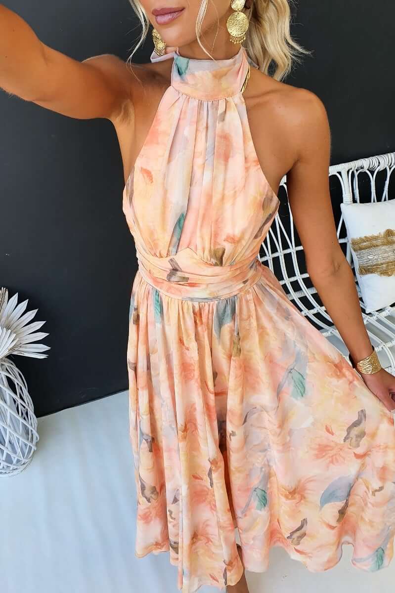 Luchi - Elegant Halter Floral Print Dress