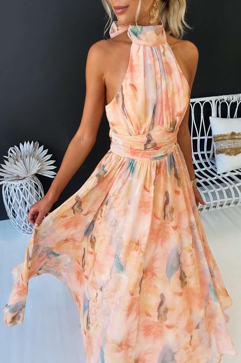 Luchi - Elegant Halter Floral Print Dress