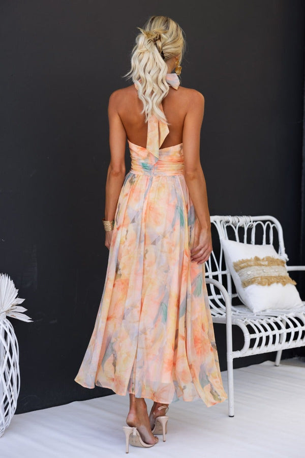 Luchi - Elegant Halter Floral Print Dress