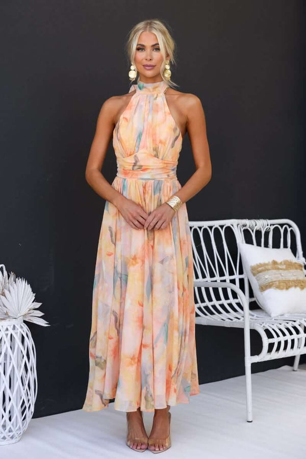 Luchi - Elegant Halter Floral Print Dress