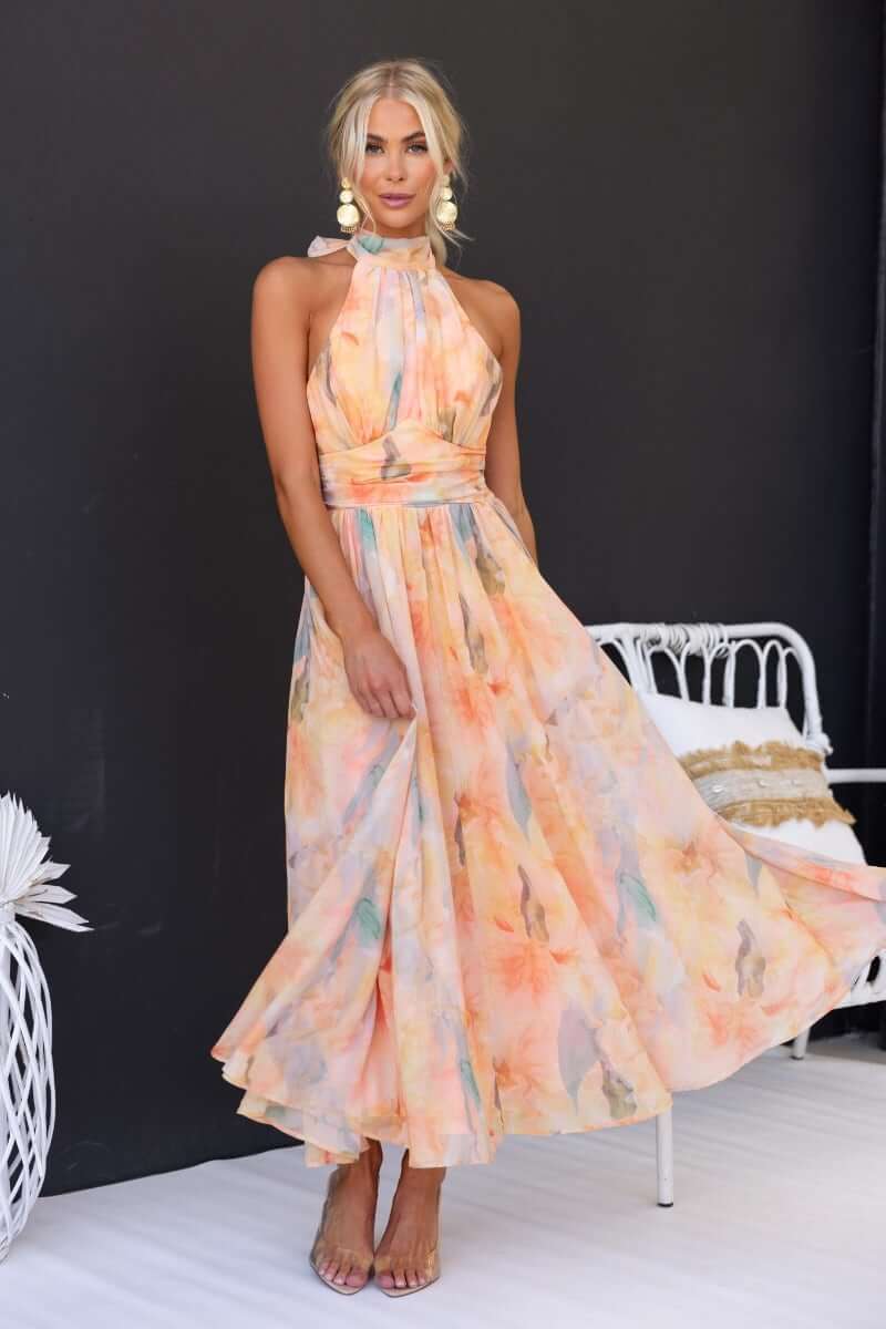 Luchi - Elegant Halter Floral Print Dress